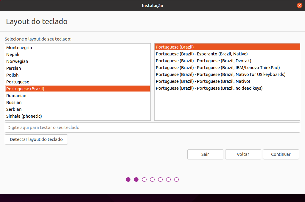 A tela exibe a janela de seleção do teclado, com a opção do teclado brasileiro, padrão ABNT, pré-selecionado.