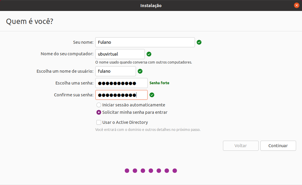 Imagem exibindo a tela de configuração dos dados do usuário e senha.