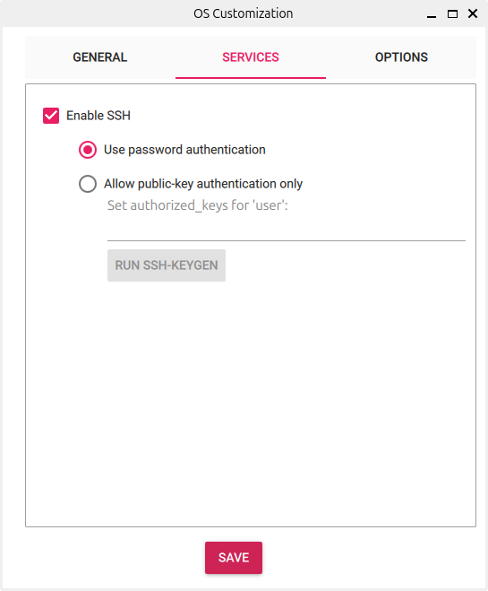 Aba "SERVICES" da tela de configurações do Imager.