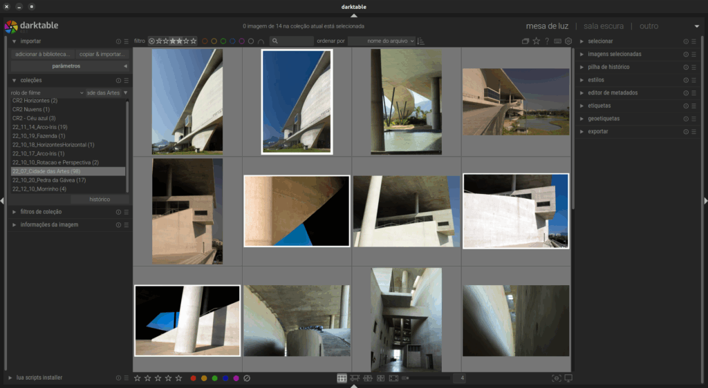 Tela de catalogação e seleção de imagens do Darktable.