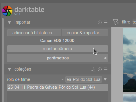 Aba "Importar" exibindo a opção de montagem da câmera.