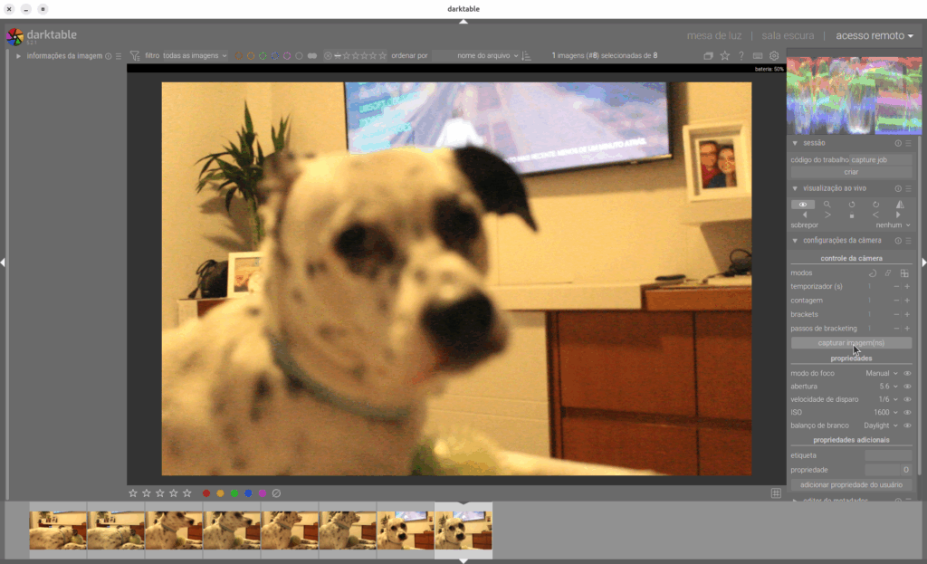 Tela do Darktable exibindo o live view da câmera e os controles disponpiveis.